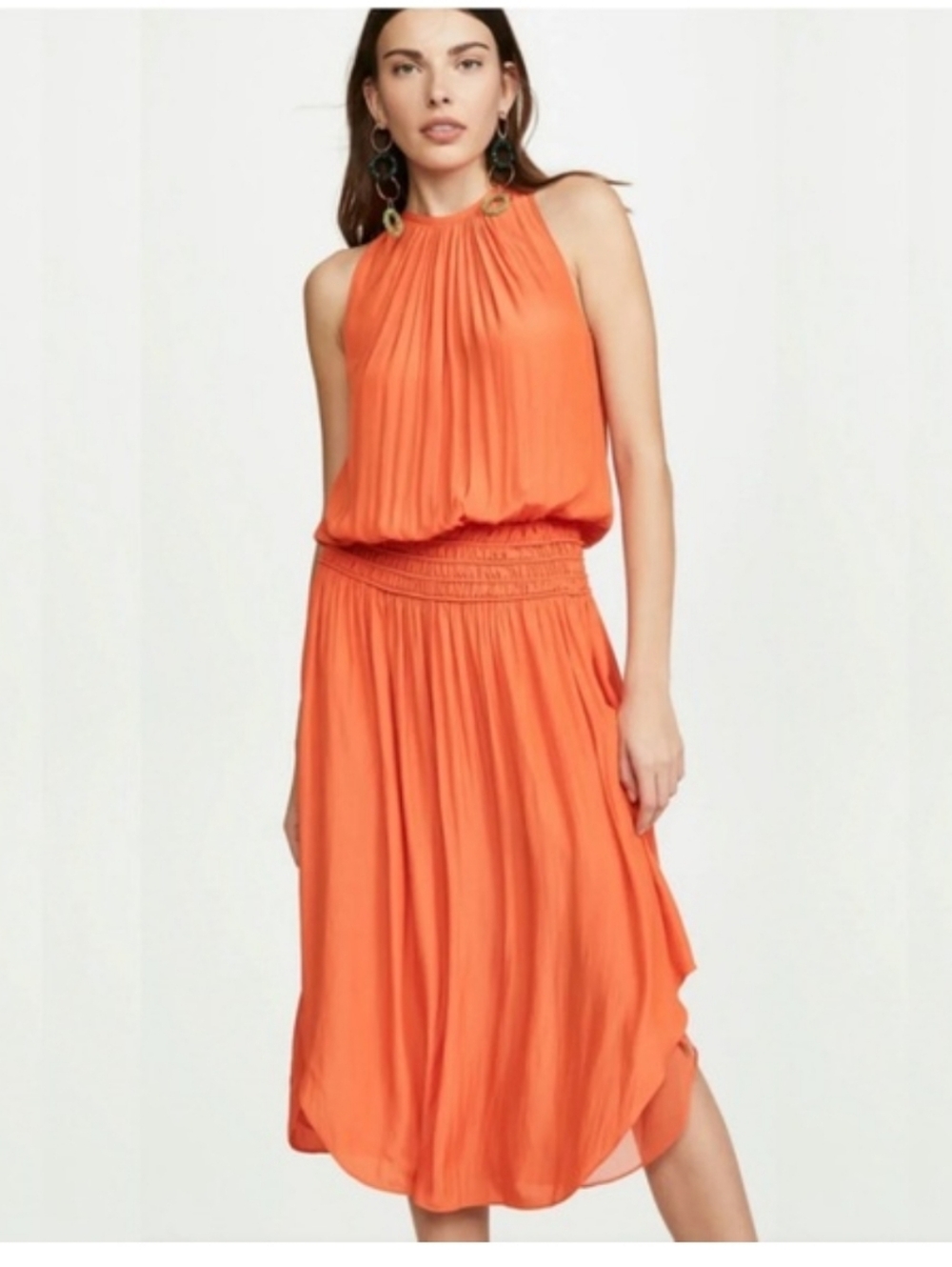 Ramy Brook Orange Halter Smocked-Waist Midi Dress P2P 19"